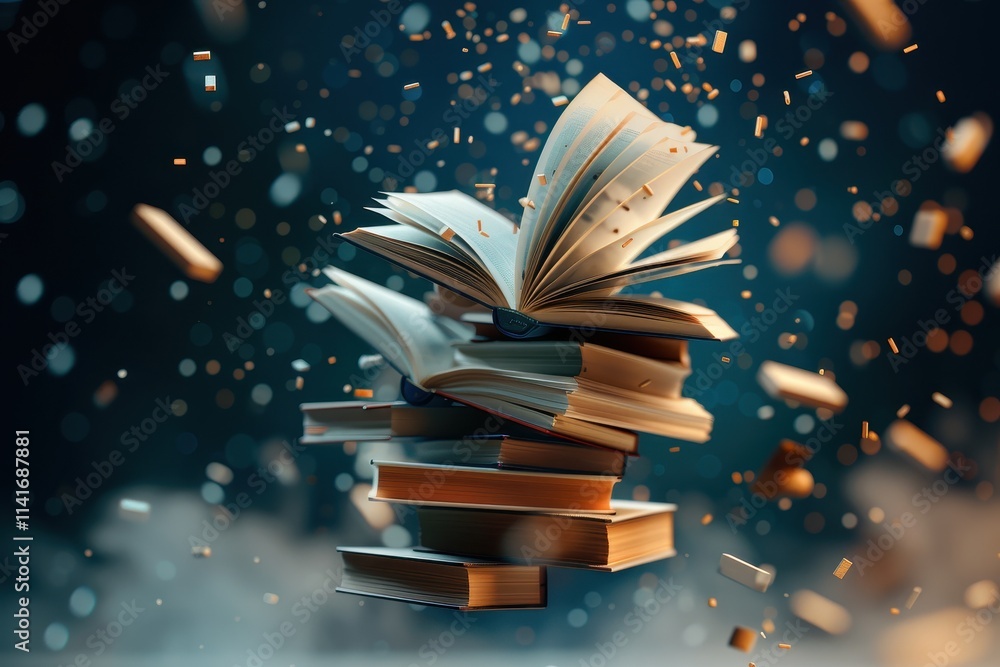 Aufkleber a dynamic stack of floating books with pages open, surrounded by swirling particles, creating a magi