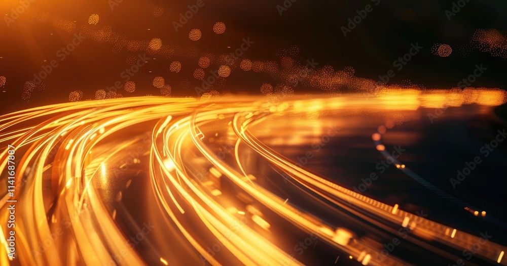 Poster abstract light trails create a dynamic, glowing effect against a dark background.