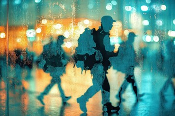 Obraz premium Silhouetted figures walk against a misty window, captured in vibrant blue and warm orange tones, creating a dreamy urban atmosphere.