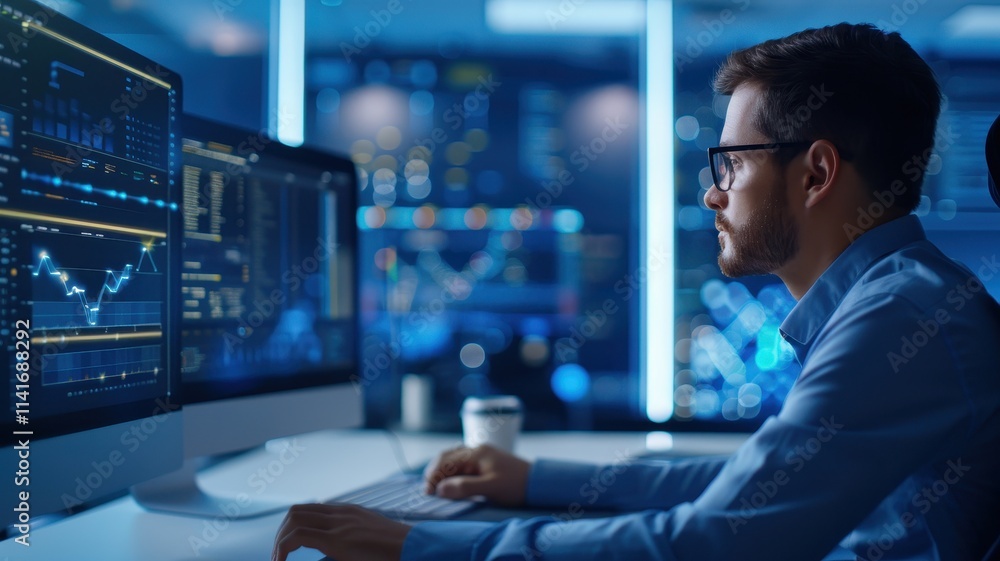 Poster a focused professional analyzes data on multiple screens in a dimly lit workspace, showcasing modern