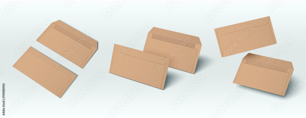 Poster brown rectangular closed and open envelopes laying and flying on white background. realistic empty b