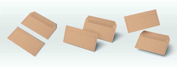 Brown rectangular closed and open envelopes laying and flying on white background. Realistic empty business letter correspondence dl standard format mockups front and back views for corporate mailing.