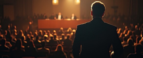 Man giving a presentation in front of an audience in a conference hall. Focus on the speaker, with the audience in the background.