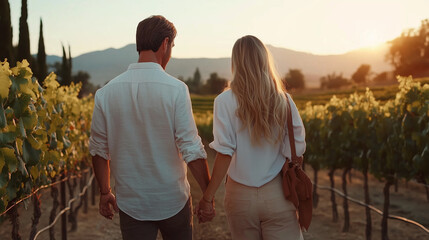 Couple walks hand in hand through vineyard at sunset in serene countryside setting