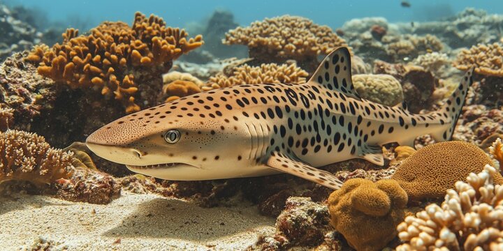 Spotted Leopard Shark Swimming Among Colorful Coral Reef in Clear Tropical Waters