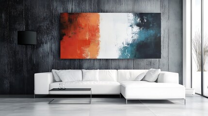Abstract vividly painted canvas art mockup in interior photo.. AI Generated