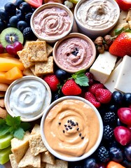 there are many different types of dips and fruit on this plate.