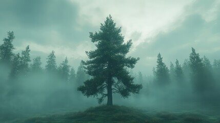 A towering pine tree in a misty forest, its thick green needles standing tall amidst the fog