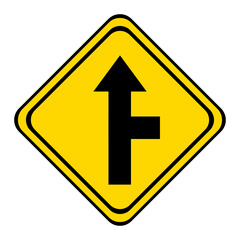 warning road sign on a yellow and black board in the shape of a rhombus. the road straight with a dead end.
