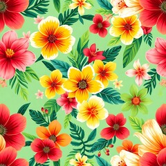 Obraz premium Vibrant Tropical Floral Pattern: A seamless repeat design featuring lush, colorful hibiscus and tropical flowers on a refreshing mint green background. Perfect for summer fashion, home decor.