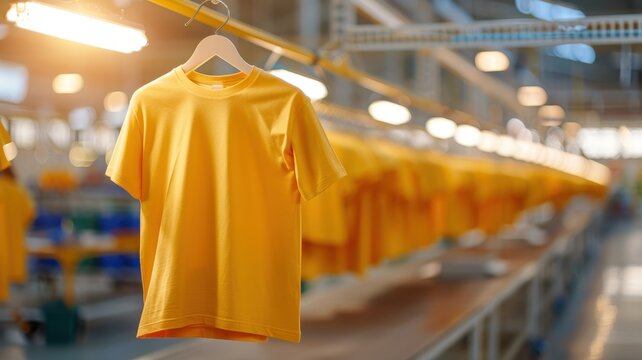 A vibrant yellow t-shirt hanging in a production facility, showcasing manufacturing processes in a textile industry environment.