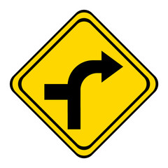 warning road sign on a yellow and black board in the shape of a rhombus. the road turn or curve with a dead end.