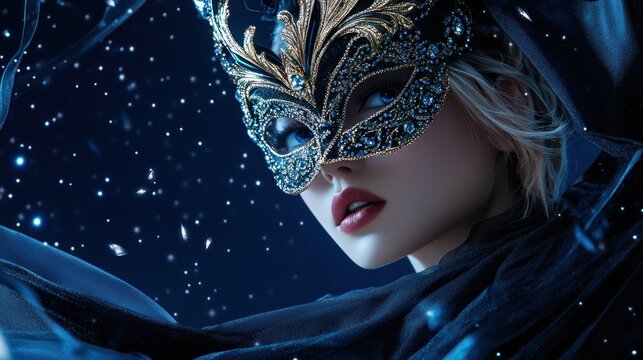 Mysterious woman in a decorative mask surrounded by sparkling elements.