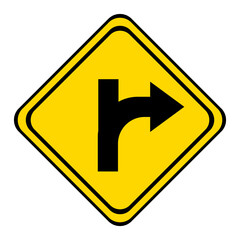 the road turn or curve with a dead end if straight. warning road sign on a yellow and black board in the shape of a rhombus.