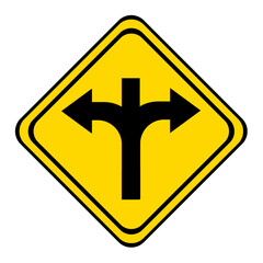 the road forks with a dead end if straight. warning road sign on a yellow and black board in the shape of a rhombus.