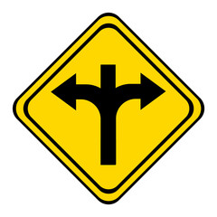 warning road sign on a yellow and black board in the shape of a rhombus. the road forks with a dead end if straight.