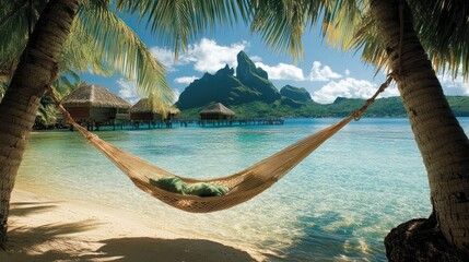 A tropical island with palm trees swaying in the breeze, crystal-clear waters lapping against the shore, and a hammock tied between two trees