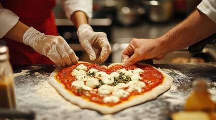Couple making heart shaped pizza joyful teamwork kitchen food cooking pizza heart love romance chef hands mozzarella tomato herbs flour food preparation culinary togetherness partnership