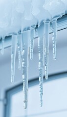  icicles hanging from a roof in a blue sky.