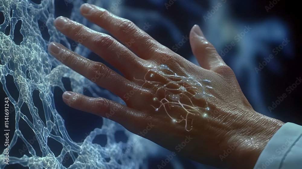 Poster hand interacting with a complex neural network.