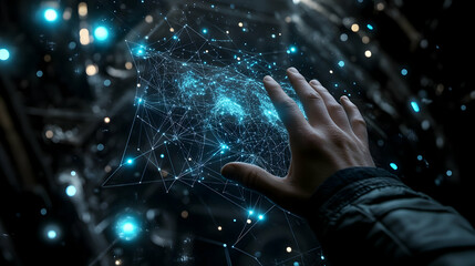 Hand interacting with a digital, futuristic, network map.