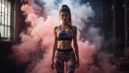 Obraz premium young fit woman dressed in cute gym outfit standing in the middle of the room and the room is full of smoke, well lit picture, highly detailed, wellbeing, high dynamic range
