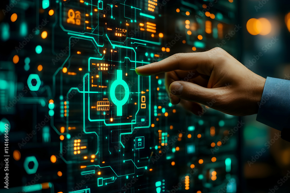Poster hand interacting with a futuristic digital interface showing a circuit board and a central symbol.