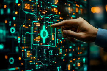 Hand interacting with a futuristic digital interface showing a circuit board and a central symbol.