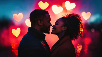 Romantic couple sharing tender kiss, hearts bokeh love affection passion intimacy romance Valentine Day date night fireworks heart bokeh lights dark background silhouette man woman couple adult