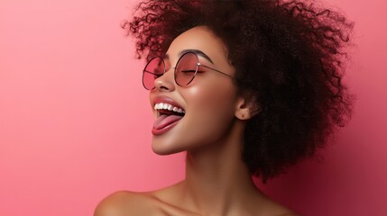 pretty girl seen in profile with her mouth wide open and her tongue out