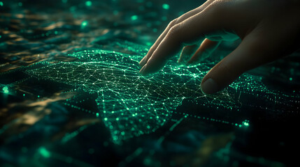 Hand interacting with glowing network map.