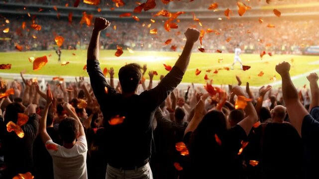 Excitement fills stadium as fans cheer in celebration of victory, creating vibrant crowd atmosphere that echoes sportsmanship.