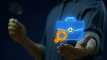 Job search icon on virtual screen. Recruitment career business company concept. Looking for new job, employment, career or job search, find opportunity, seek for vacancy or work position.