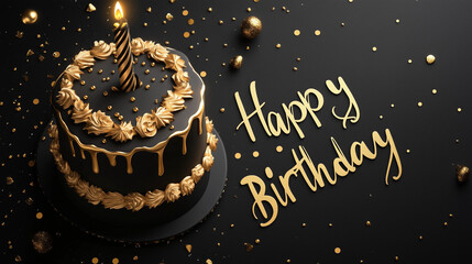 Midnight Birthday Treat: A decadent black cake with golden frosting, a lit candle, and "Happy Birthday" message