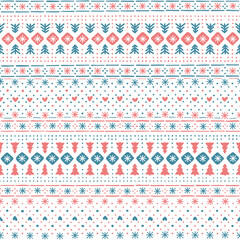winter repetitive background. hand drawn dots, fir-trees, hearts, snowflakes. blue and red christmas ornament. vector seamless pattern. fabric swatch. wrapping paper. textile, greeting card template