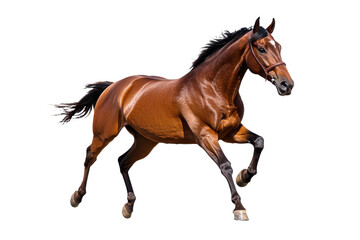 Beautiful brown horse running forward isolated on transparent background