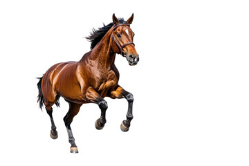 Beautiful brown horse running forward isolated on transparent background