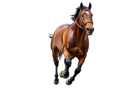 Beautiful brown horse running forward isolated on transparent background