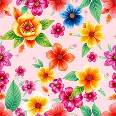 Vibrant Floral Pattern: A cheerful and lively seamless pattern featuring a variety of colorful flowers in full bloom, perfect for adding a touch of spring to any design. 