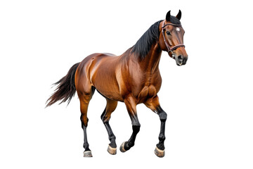 Beautiful brown horse running forward isolated on transparent background