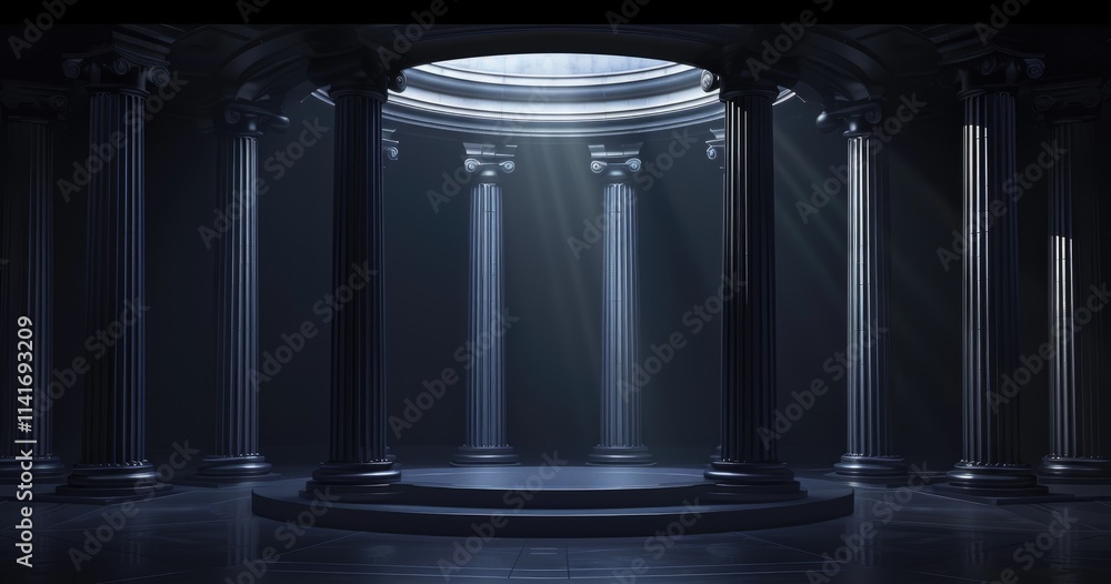 Aufkleber a dimly lit architectural space featuring tall columns and a circular skylight.