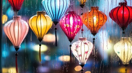 A large number of lanterns through a rainy window witn big drops,