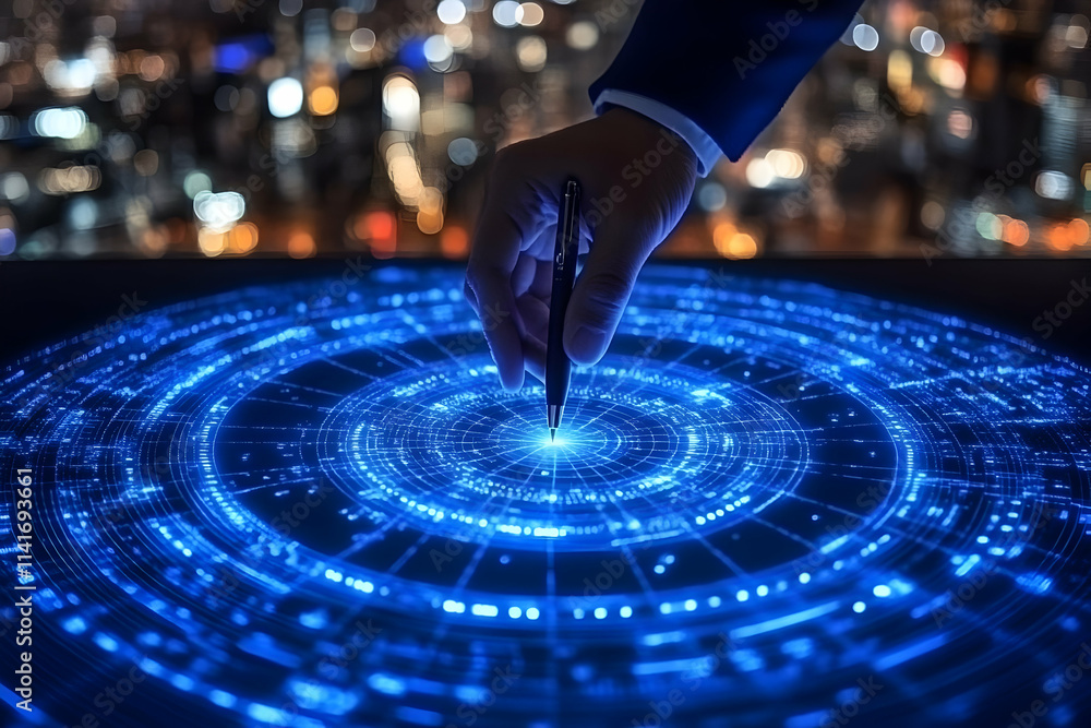 Poster hand using pen on glowing circular digital interface.