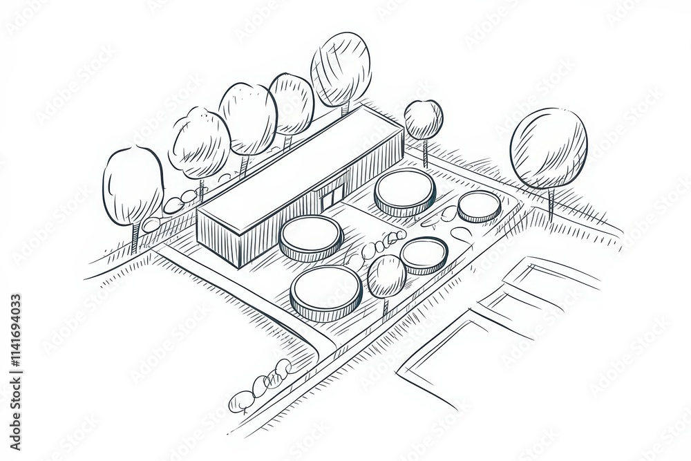 Poster building sketch with circular tanks and trees