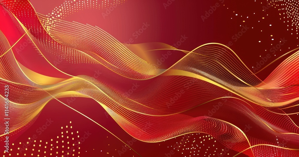 Poster abstract wavy lines in red and gold, creating a dynamic visual effect.