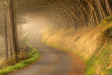 A serene misty path winds through tall trees, with a solitary figure walking, evoking tranquility and solitude in nature.