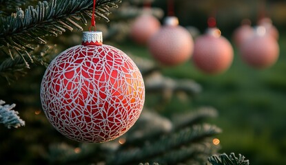 Red Christmas ornaments hanging on a fir tree branch.