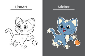 A cute kitten outline and sticker cartoon vector. Cute baby cat playing with ball flat illustration