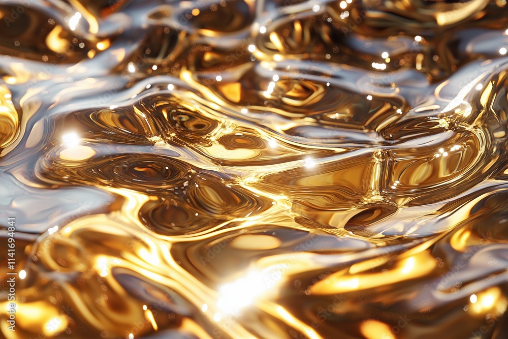 Poster An abstract pattern of flowing, golden liquid textures with subtle reflections