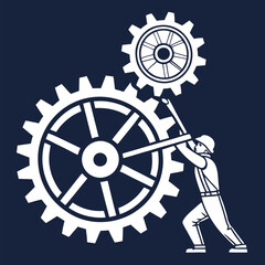 A gear icon for business operations and productivity, in metallic silver, on a solid dark blue background